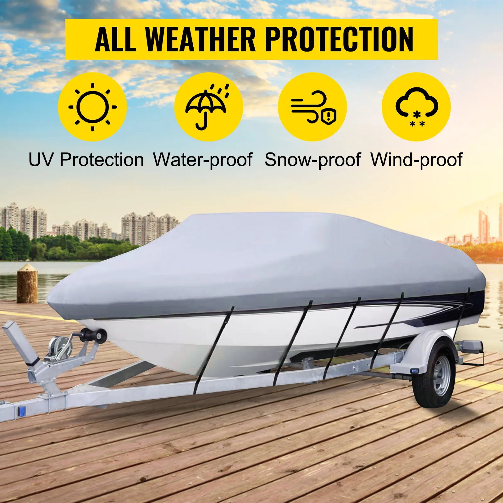 VEVOR waterproof boat cover protecting a boat on a trailer at a lakeside dock.