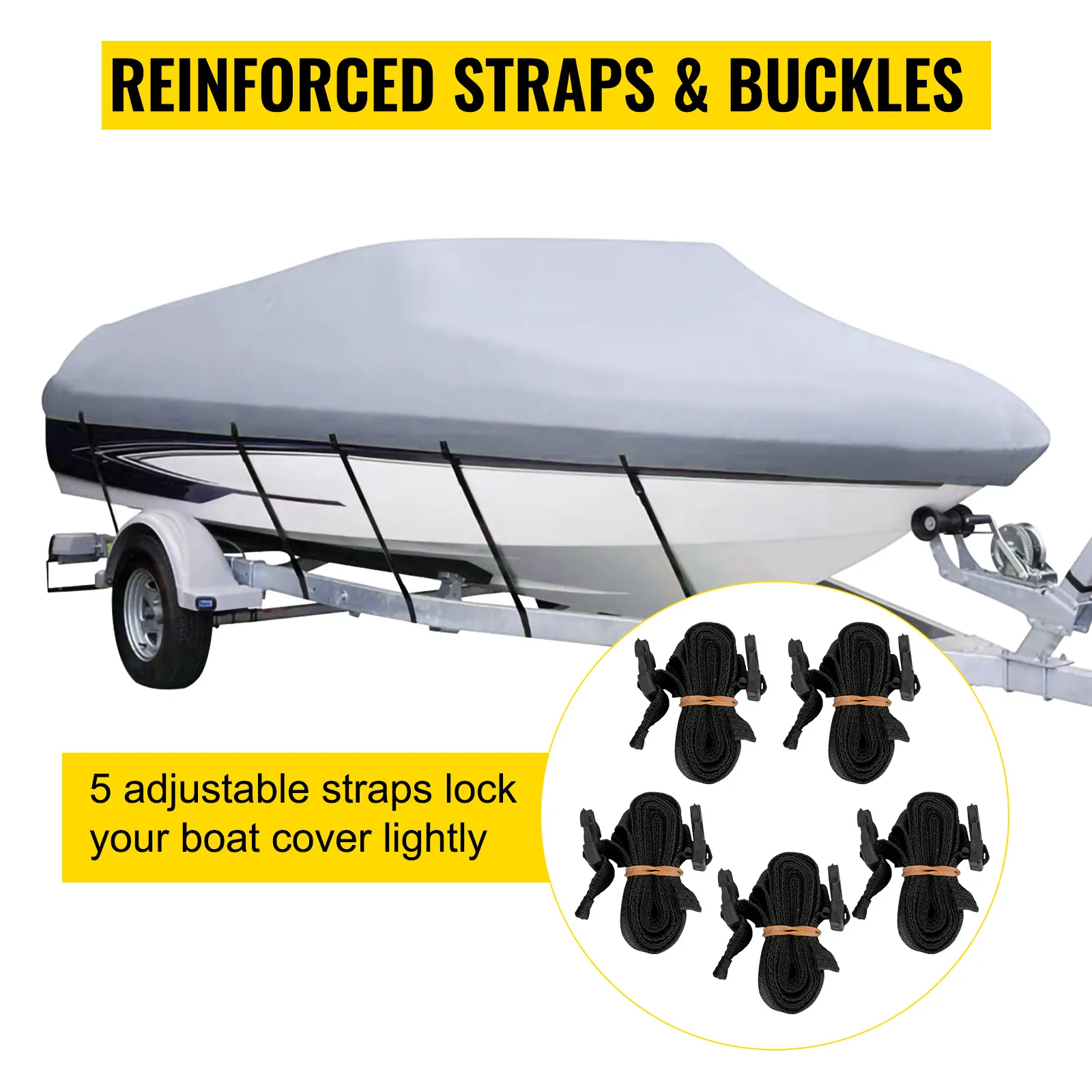 VEVOR waterproof boat cover with adjustable reinforced straps and buckles on trailer.