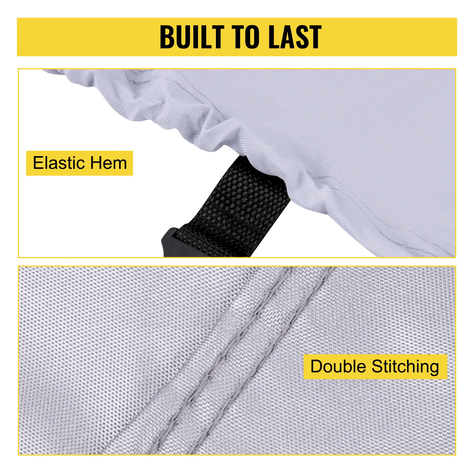 close-up of VEVOR waterproof boat cover with elastic hem and double stitching features.