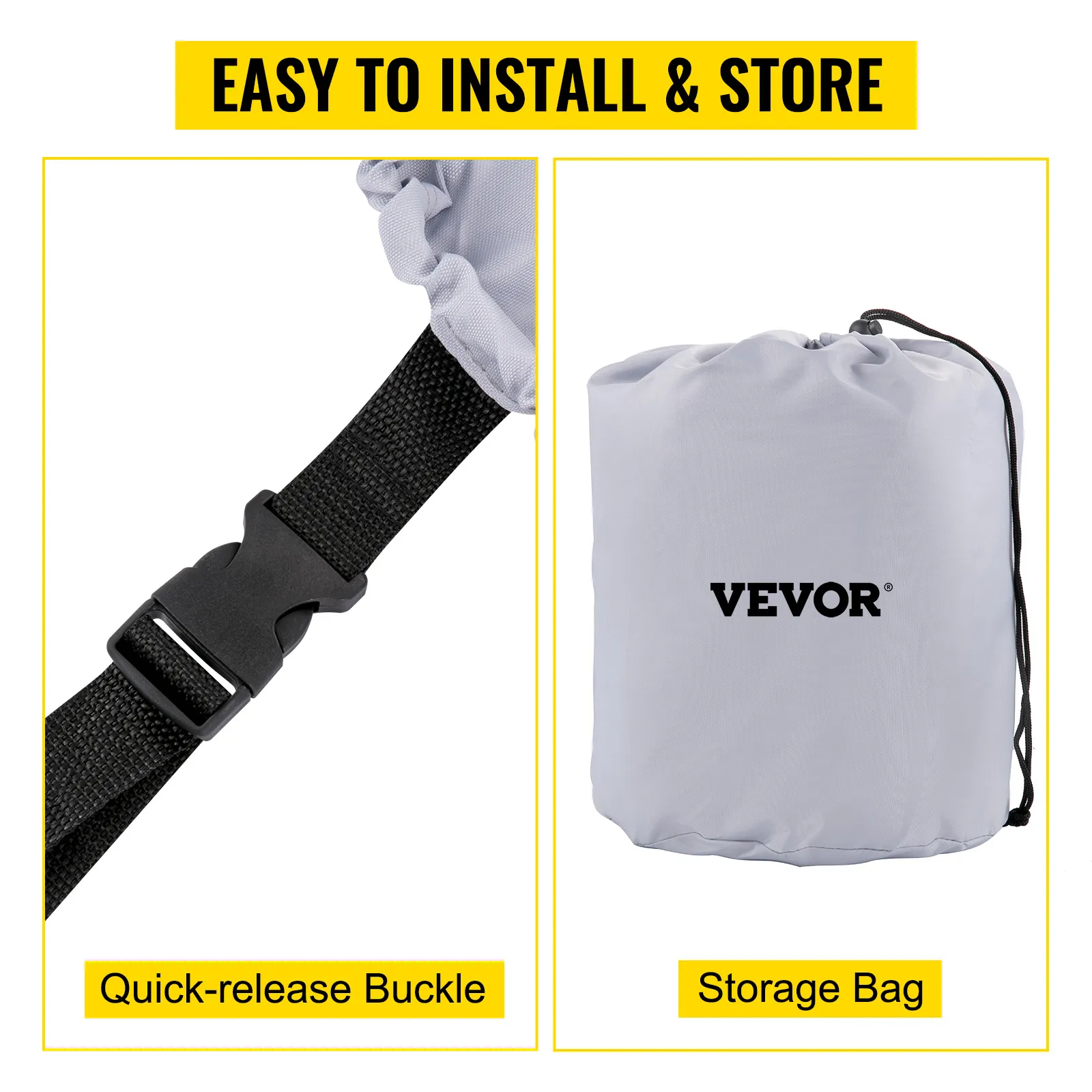 VEVOR waterproof boat cover with quick-release buckle and storage bag, easy to install.