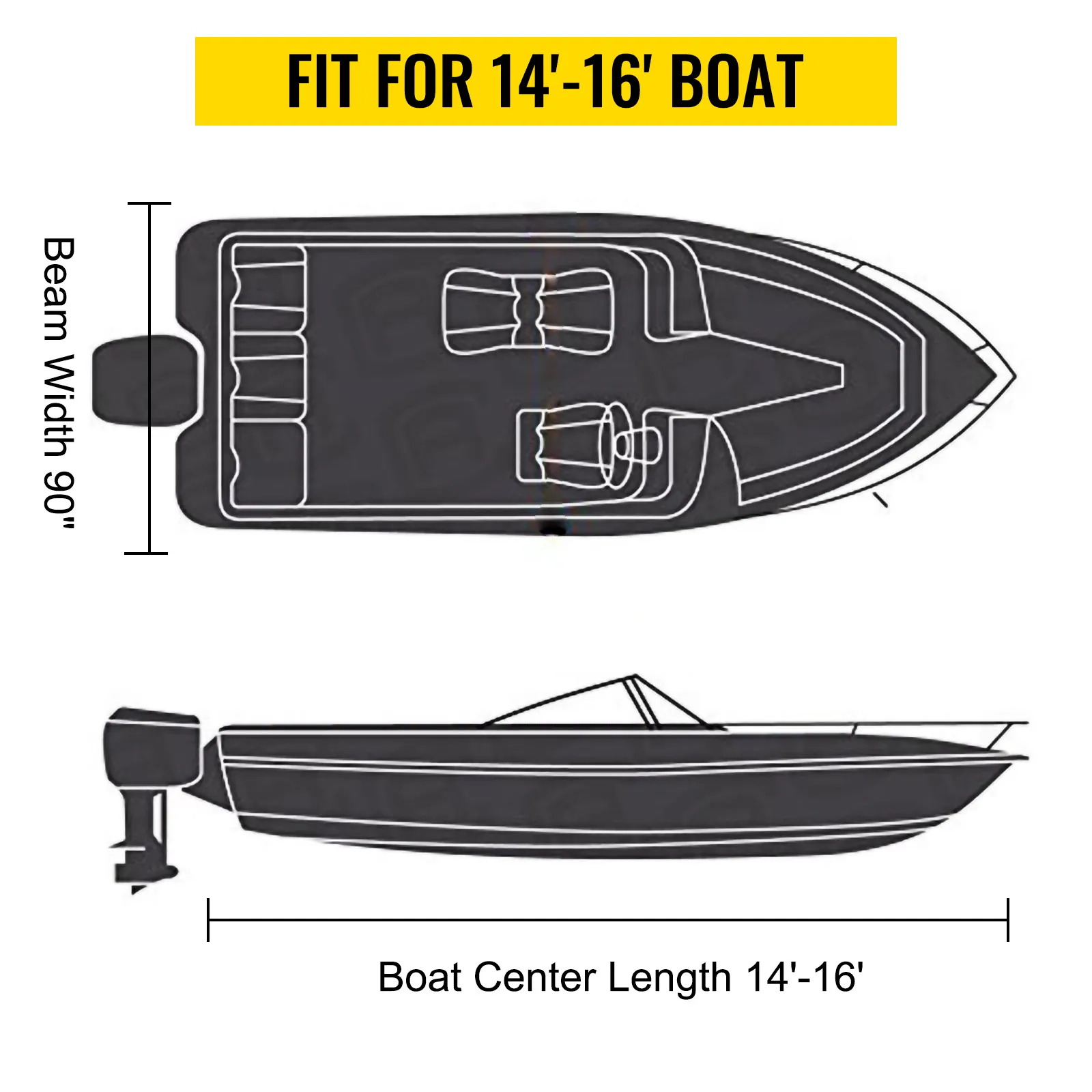 VEVOR waterproof boat cover, fit for 14'-16' boat, beam width 90 inches.