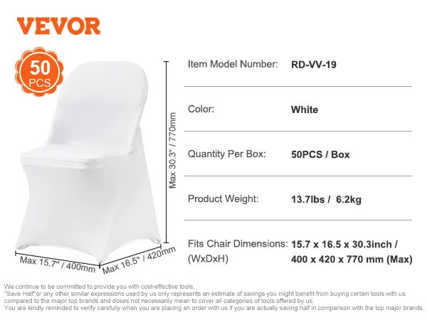 white VEVOR spandex chair covers, item rd-vv-19, 50pcs/box, fits 15.7x16.5x30.3 inch chairs.