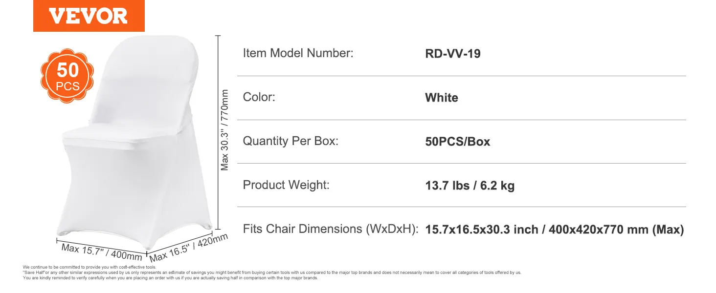 white VEVOR spandex chair covers, item rd-vv-19, 50pcs/box, fits 15.7x16.5x30.3 inch chairs.
