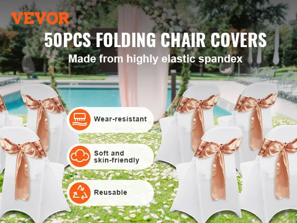 VEVOR spandex stoelhoezen in het wit met perzikkleurige strikken, tentoongesteld buiten bij een zwembad op een bruiloft.