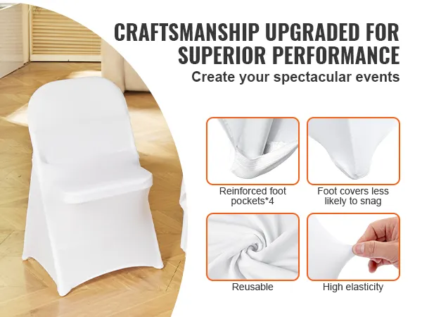 Witte VEVOR spandex stoelhoezen met verstevigde voetzakken, hoge elasticiteit en herbruikbare eigenschappen.