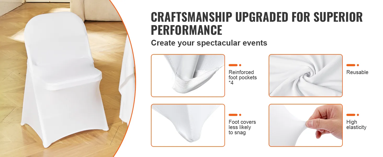 Witte VEVOR spandex stoelhoezen met verstevigde voetzakken, hoge elasticiteit en herbruikbare eigenschappen.