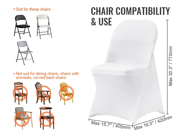 VEVOR spandex stoelhoezen zijn geschikt voor standaard klapstoelen, niet voor eetkamerstoelen of stoelen met armleuningen.