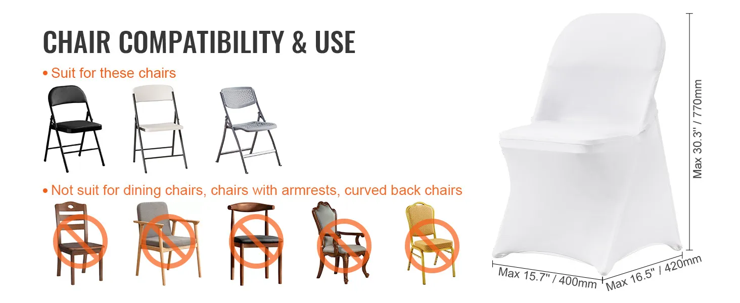 VEVOR spandex stoelhoezen zijn geschikt voor standaard klapstoelen, niet voor eetkamerstoelen of stoelen met armleuningen.