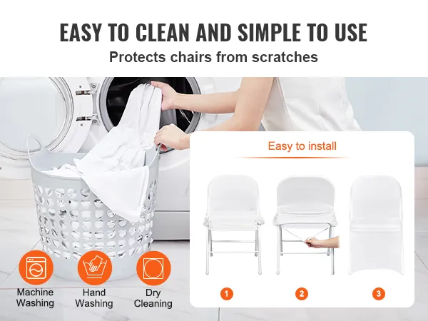 VEVOR spandex stoelhoezen: eenvoudig te installeren, machinewasbaar, handwasbaar en chemisch te reinigen.