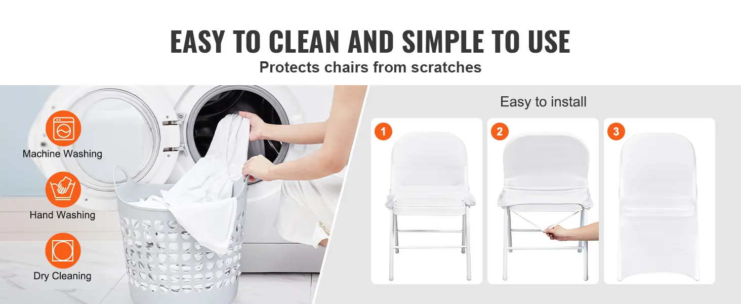 VEVOR spandex stoelhoezen: eenvoudig te installeren, machinewasbaar, handwasbaar en chemisch te reinigen.