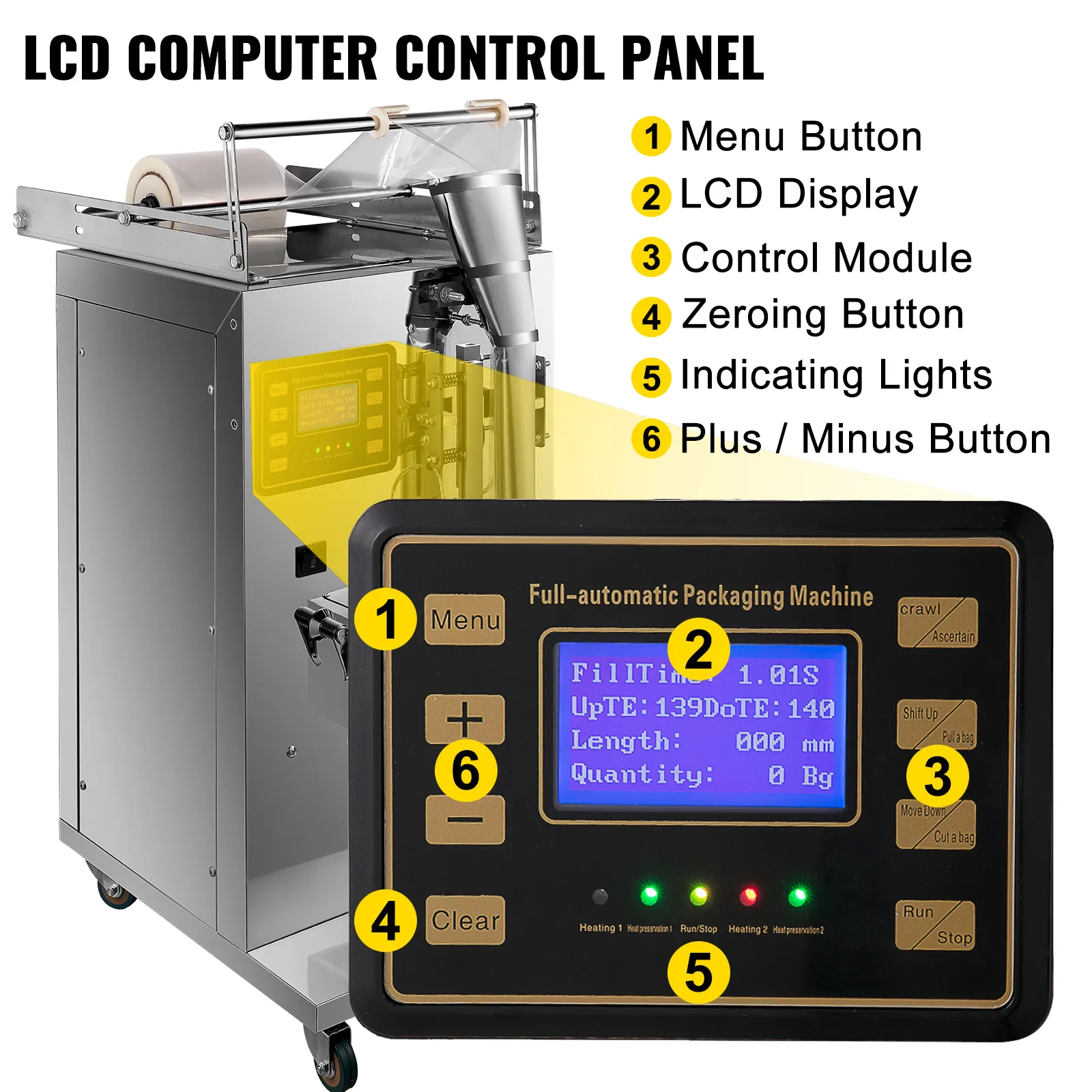 Panel de control LCD de la máquina selladora de líquidos VEVOR con menú, pantalla y botones.