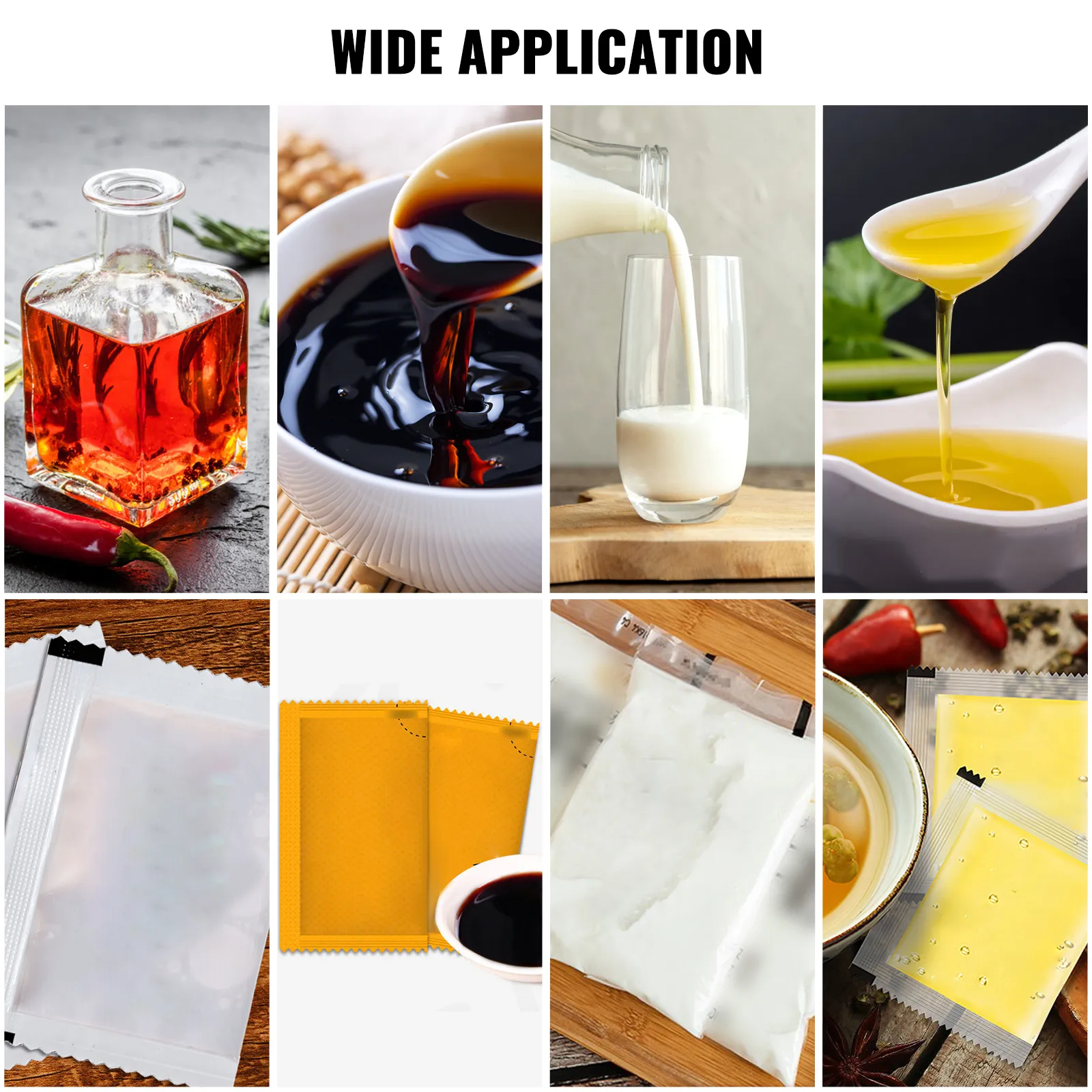 Amplia aplicación de la máquina selladora de líquidos VEVOR para aceite, leche y salsas.