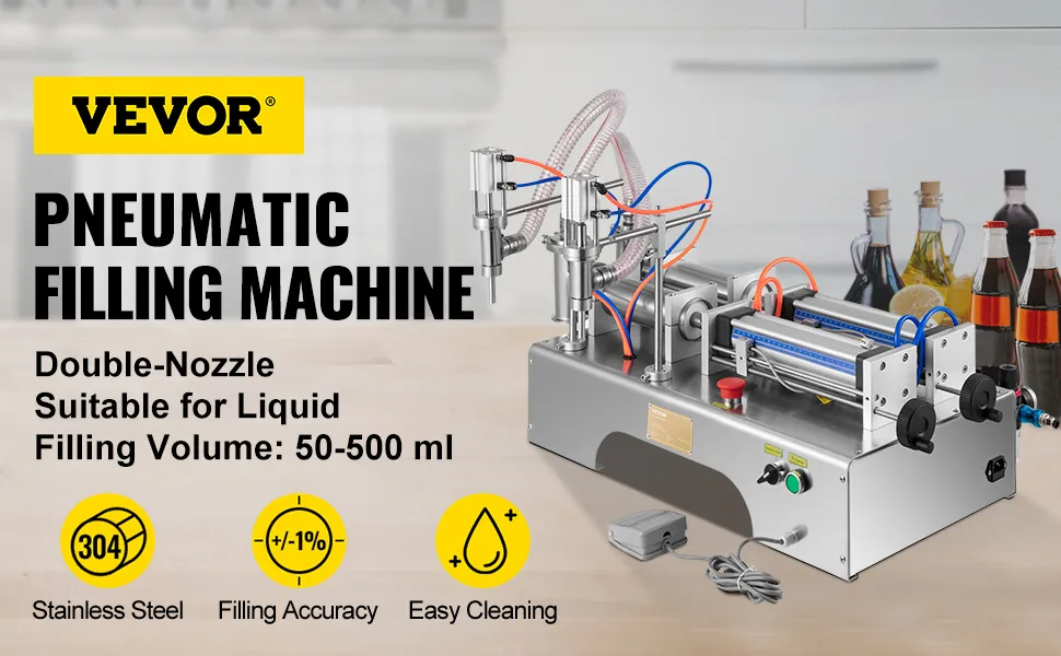 Máquina llenadora de líquidos VEVOR, doble boquilla, adecuada para líquidos, volumen de llenado de 50-500 ml.