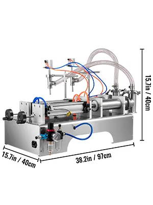 Máquina llenadora de líquidos VEVOR con dimensiones etiquetadas en centímetros y pulgadas