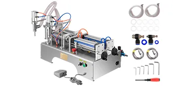 Máquina llenadora de líquidos VEVOR con tubos, conectores y herramientas de montaje.