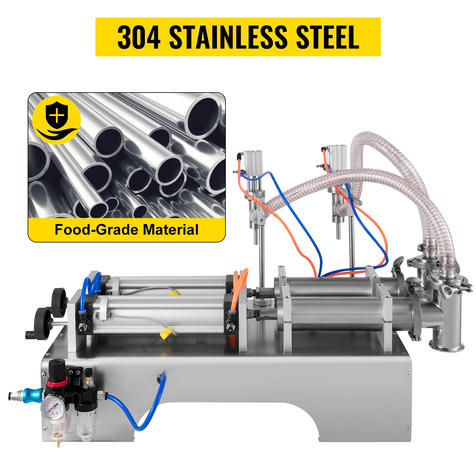 Máquina llenadora de líquidos VEVOR con material de acero inoxidable 304 de calidad alimentaria.