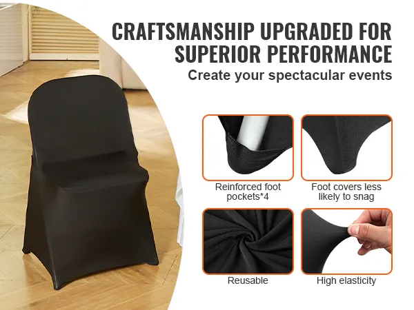 VEVOR stretch spandex opvouwbare stoelhoezen met verstevigde voetzakken, hoge elasticiteit en herbruikbaar ontwerp.