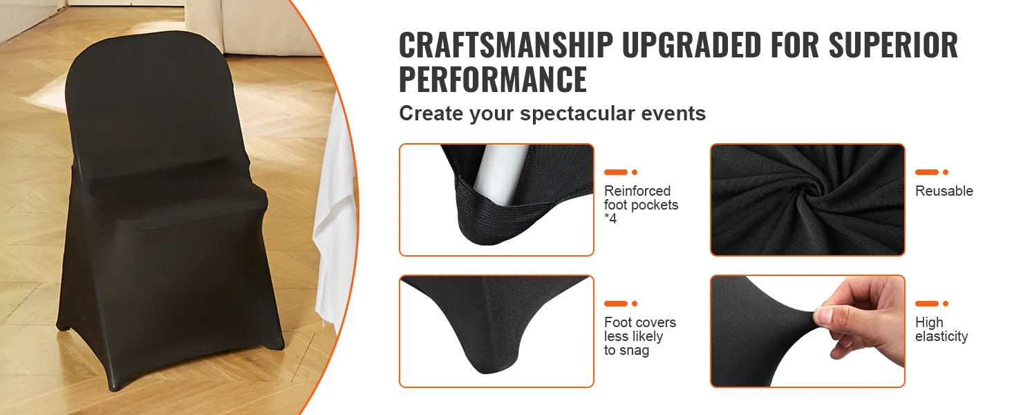 VEVOR stretch spandex opvouwbare stoelhoezen met verstevigde voetzakken, hoge elasticiteit en herbruikbaar ontwerp.