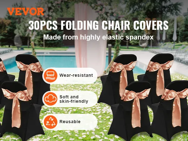 VEVOR-Stuhlhussen in Schwarz mit pfirsichfarbenen Schleifen für den Außenbereich in der Nähe eines Pools. Verschleißfest, wiederverwendbar, weich.