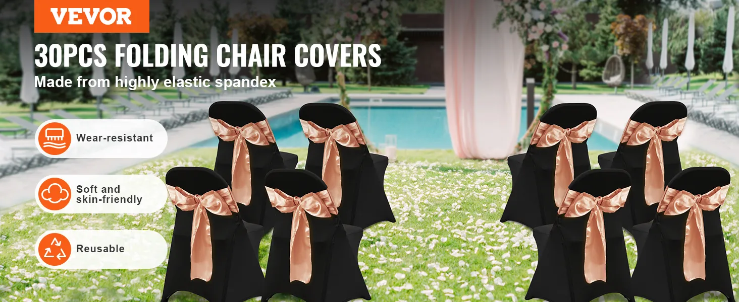 VEVOR-Stuhlhussen in Schwarz mit pfirsichfarbenen Schleifen für den Außenbereich in der Nähe eines Pools. Verschleißfest, wiederverwendbar, weich.
