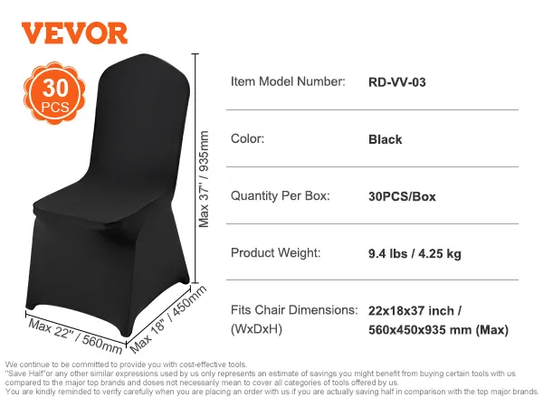 VEVOR black chair covers, 30 pcs pack, model rd-vv-03, fit chairs up to 22x18x37 inches.