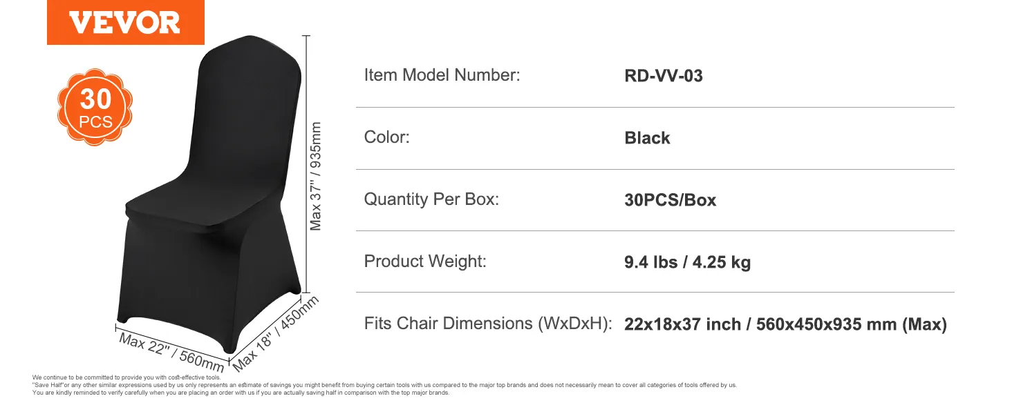 VEVOR black chair covers, 30 pcs pack, model rd-vv-03, fit chairs up to 22x18x37 inches.