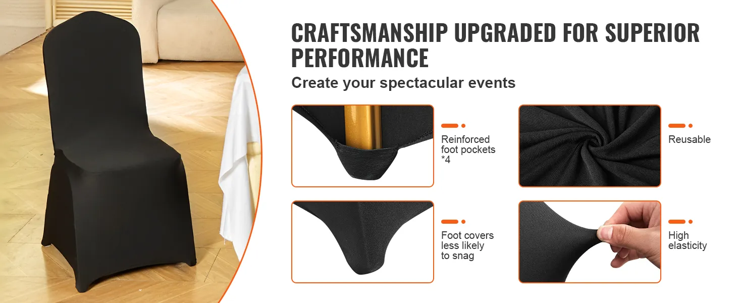 Zwarte VEVOR stoelhoezen met verstevigde voetzakken, hoge elasticiteit en herbruikbare stof voor evenementen.