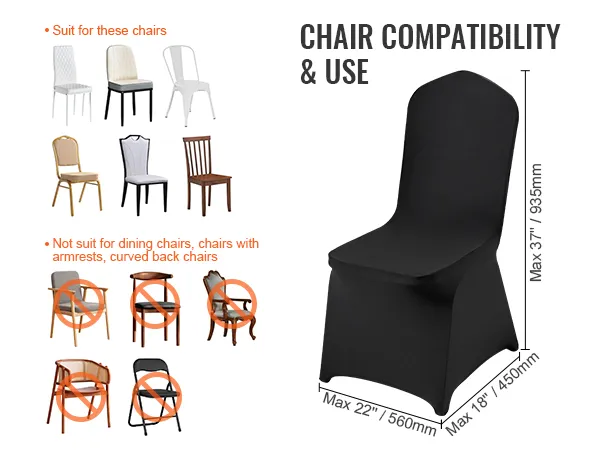 gids voor stoelcompatibiliteit waarin wordt aangegeven welke stoelen geschikt zijn voor VEVOR-stoelhoezen en welke niet.