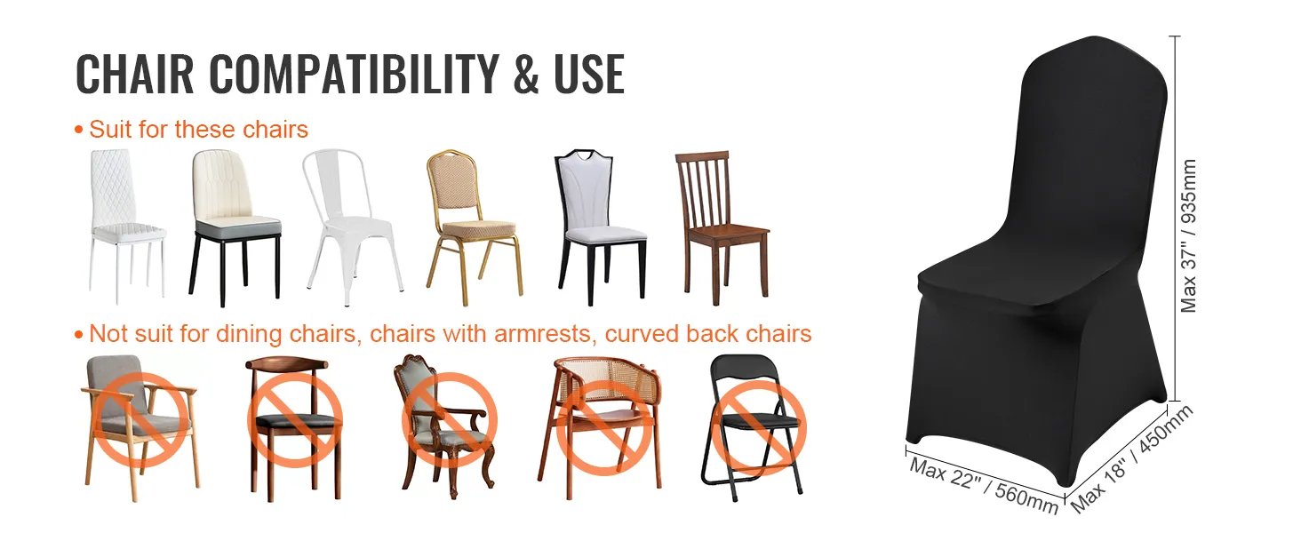 gids voor stoelcompatibiliteit waarin wordt aangegeven welke stoelen geschikt zijn voor VEVOR-stoelhoezen en welke niet.