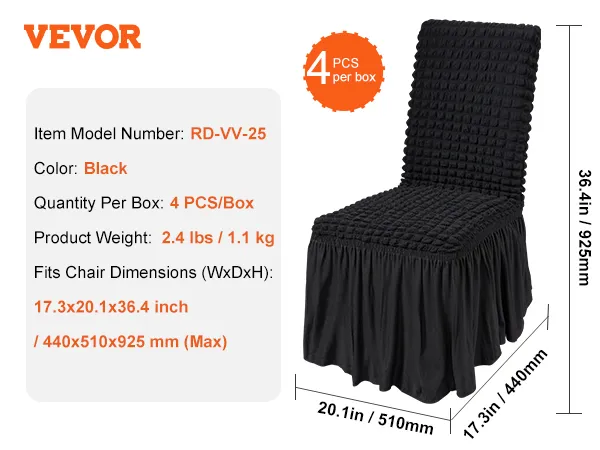 black VEVOR stretch spandex chair covers, 4 pcs per box, fits chair size up to 17.3x20.1x36.4 inches.
