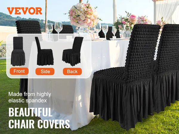 VEVOR stretch spandex chair covers for a stylish outdoor dining setup with black covers and floral decor.