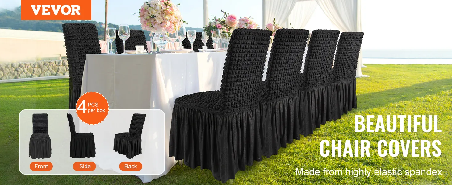 VEVOR stretch spandex chair covers for a stylish outdoor dining setup with black covers and floral decor.