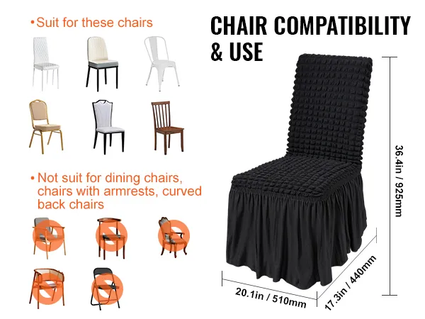 VEVOR stretch spandex chair covers compatibility guide: suitable for armless chairs, not for armrests or curved back chairs.