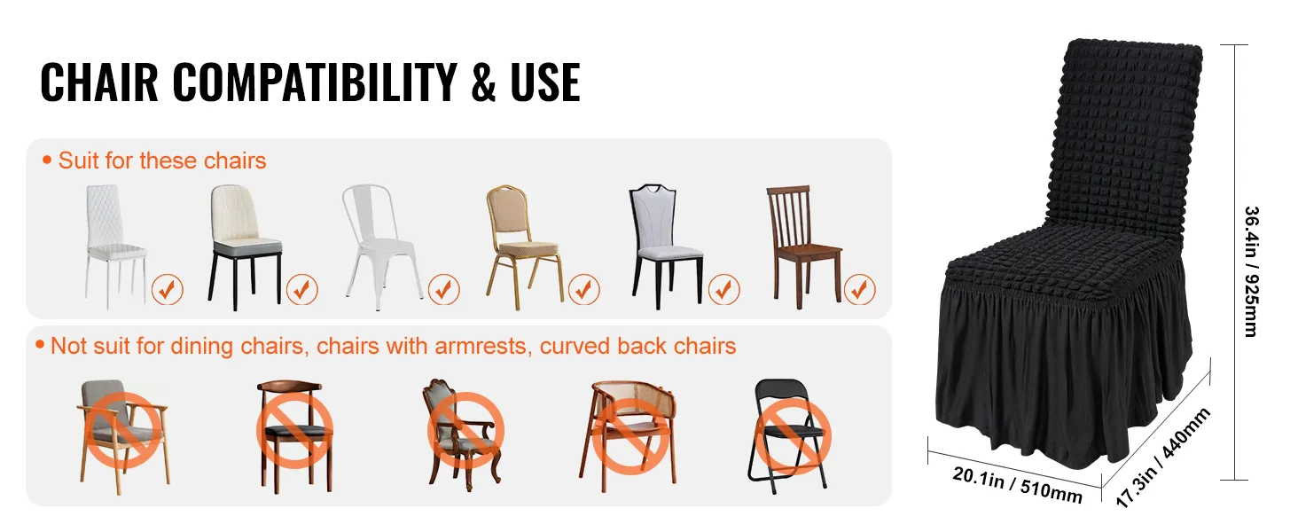 VEVOR stretch spandex chair covers compatibility guide: suitable for armless chairs, not for armrests or curved back chairs.