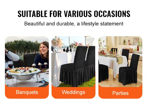 VEVOR stretch spandex chair covers in black, ideal for banquets, weddings, and parties.