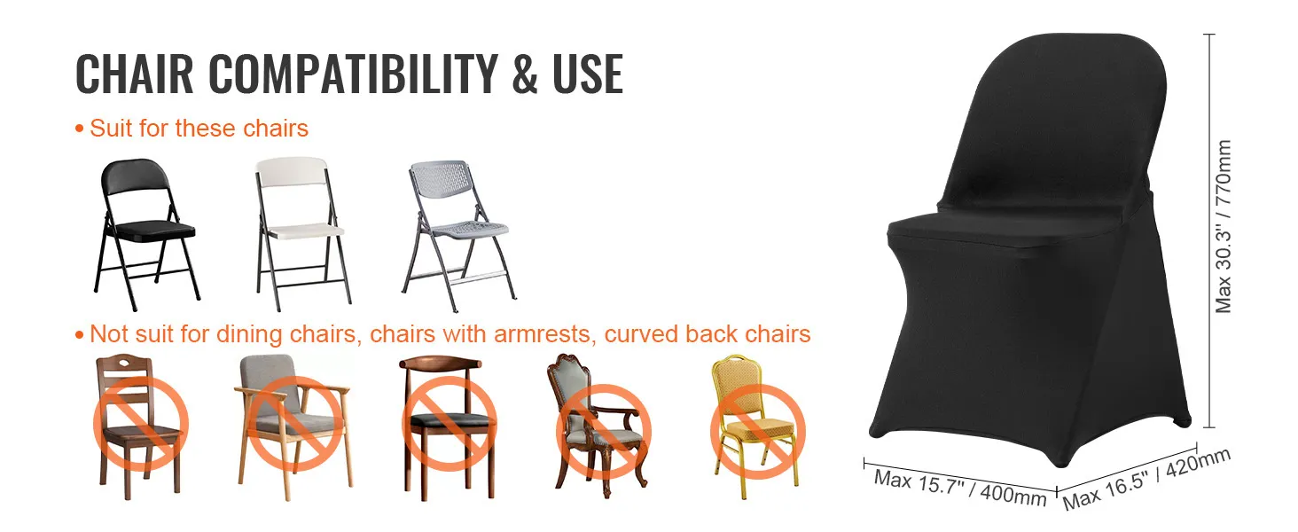 Geschikte stoelen voor VEVOR stoelhoezen, niet voor eetkamerstoelen, stoelen met armleuningen of stoelen met gebogen rugleuning.