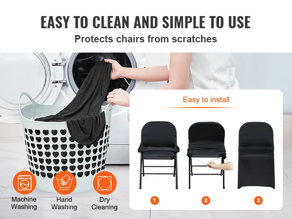 Eenvoudige reinigingsopties voor VEVOR-stoelhoezen: machinewas, handwas of chemische reiniging, met installatiestappen.