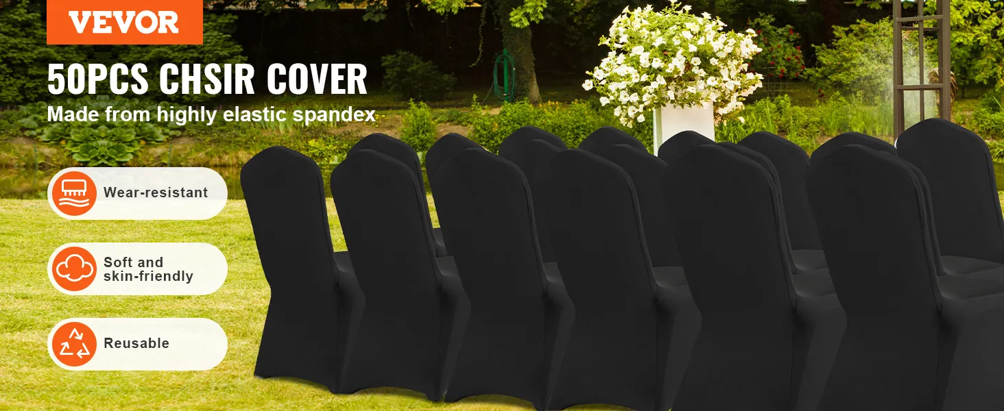 VEVOR Stuhlhussen – 50er-Pack schwarze Spandex-Bezüge, verschleißfest, weich und wiederverwendbar für Veranstaltungen.