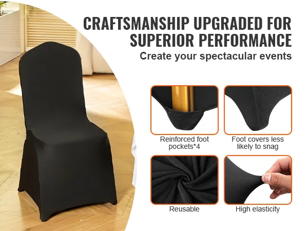 schwarze Stuhlbezüge von VEVOR mit verstärkten Fußtaschen, wiederverwendbarem Stoff und hohen Elastizitätseigenschaften.