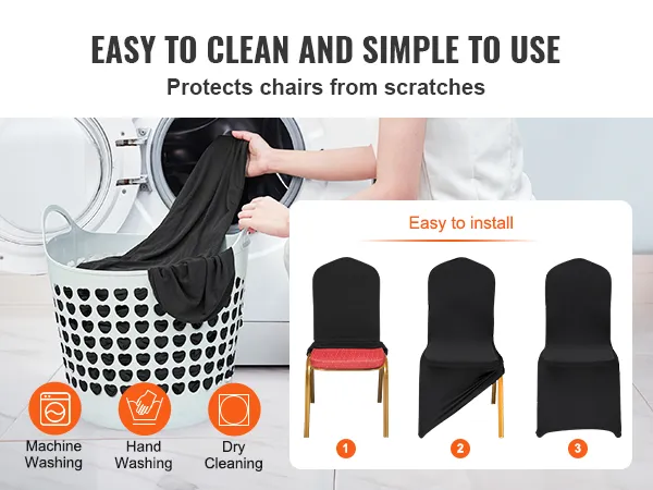Einfache Wartung und Installation der Stuhlbezüge von VEVOR, mit Optionen für Maschinenwäsche und Handwäsche.