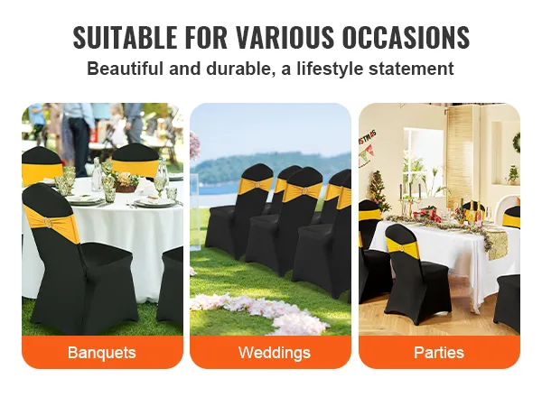 schwarze Stühle mit gelben Schärpen neben einem Hochzeitsgang, einem Banketttisch und einer Party-Anordnung. Stuhlhussen von VEVOR.