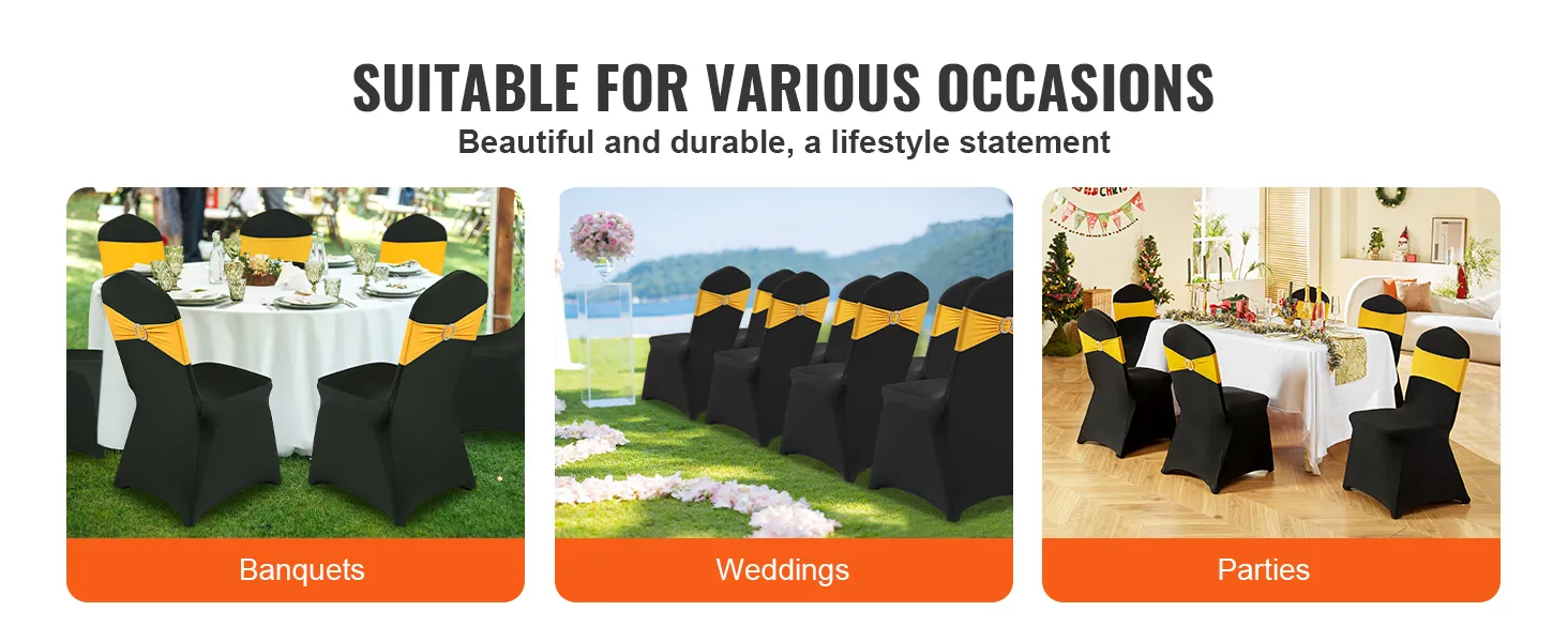 schwarze Stühle mit gelben Schärpen neben einem Hochzeitsgang, einem Banketttisch und einer Party-Anordnung. Stuhlhussen von VEVOR.