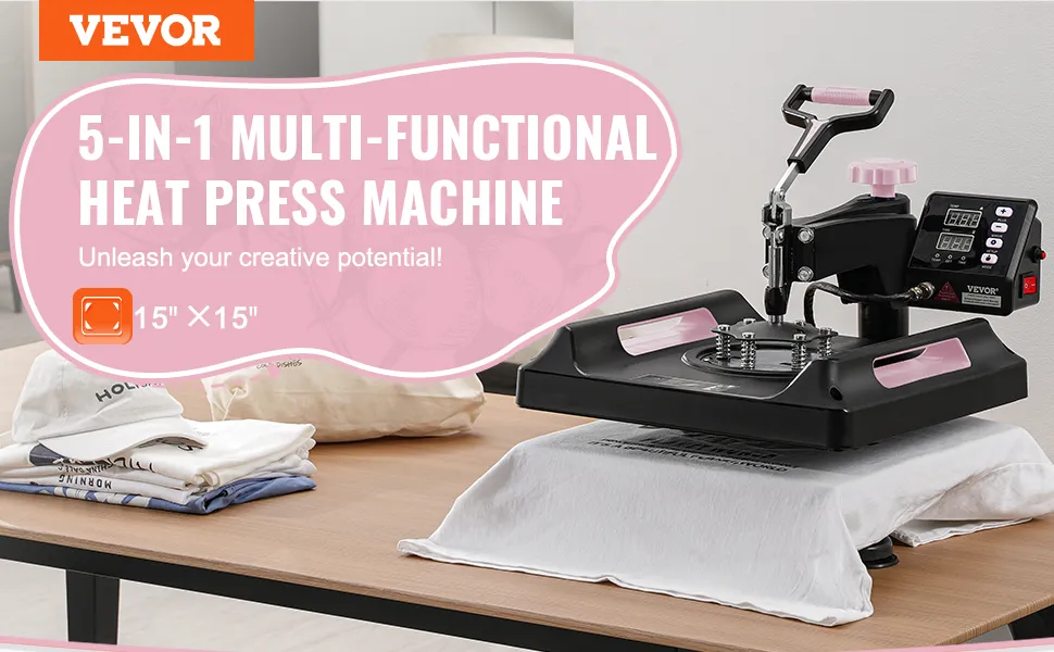 VEVOR Heat Press Machine, 15 x 15 inch, 5 in 1 Heat Transfer Machine with 30 oz Tumbler Press, 360° Swing Away Digital T-Shirt Pressing Machine, Teflon Coating, for T-Shirts/Mugs/Hats/Plates, Black