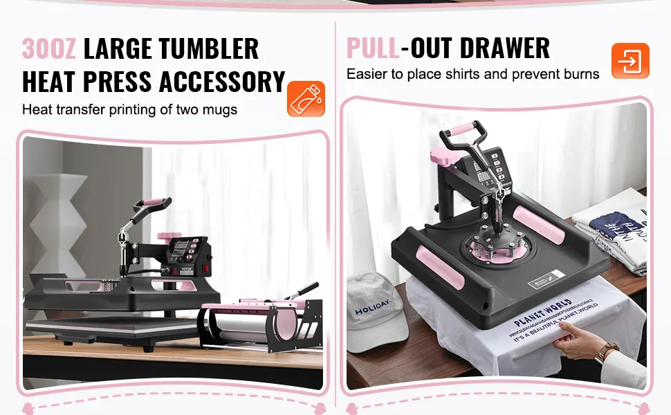 VEVOR Heat Press Machine, 15 x 15 inch, 5 in 1 Heat Transfer Machine with 30 oz Tumbler Press, 360° Swing Away Digital T-Shirt Pressing Machine, Teflon Coating, for T-Shirts/Mugs/Hats/Plates, Black