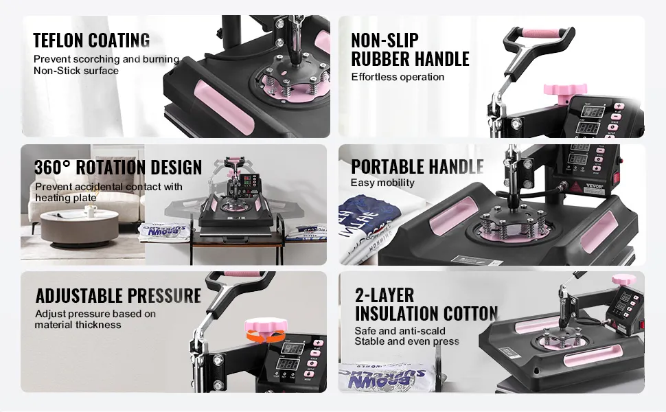 VEVOR Heat Press Machine, 15 x 15 inch, 5 in 1 Heat Transfer Machine with 30 oz Tumbler Press, 360° Swing Away Digital T-Shirt Pressing Machine, Teflon Coating, for T-Shirts/Mugs/Hats/Plates, Black