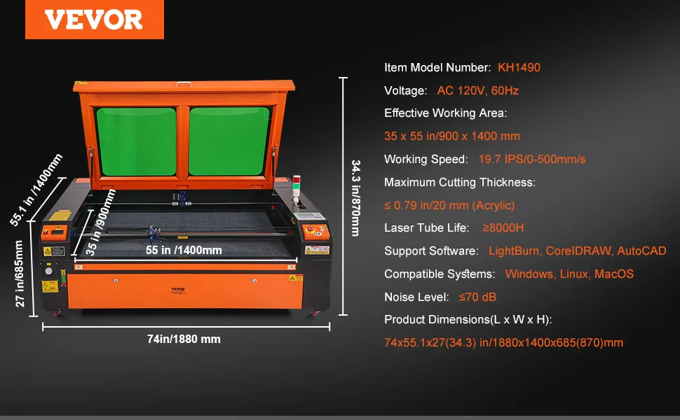 orange VEVOR 130w co2 laser engraver with dimensions and specifications listed on a black background.