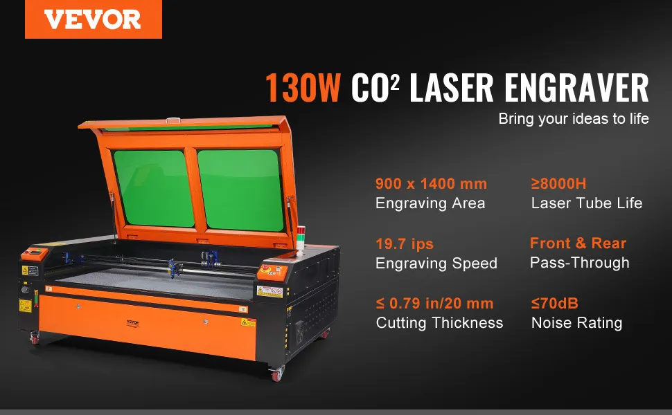 VEVOR 130w co2 laser engraver with 900x1400mm area, 19.7 ips speed, and ≤70db noise rating.