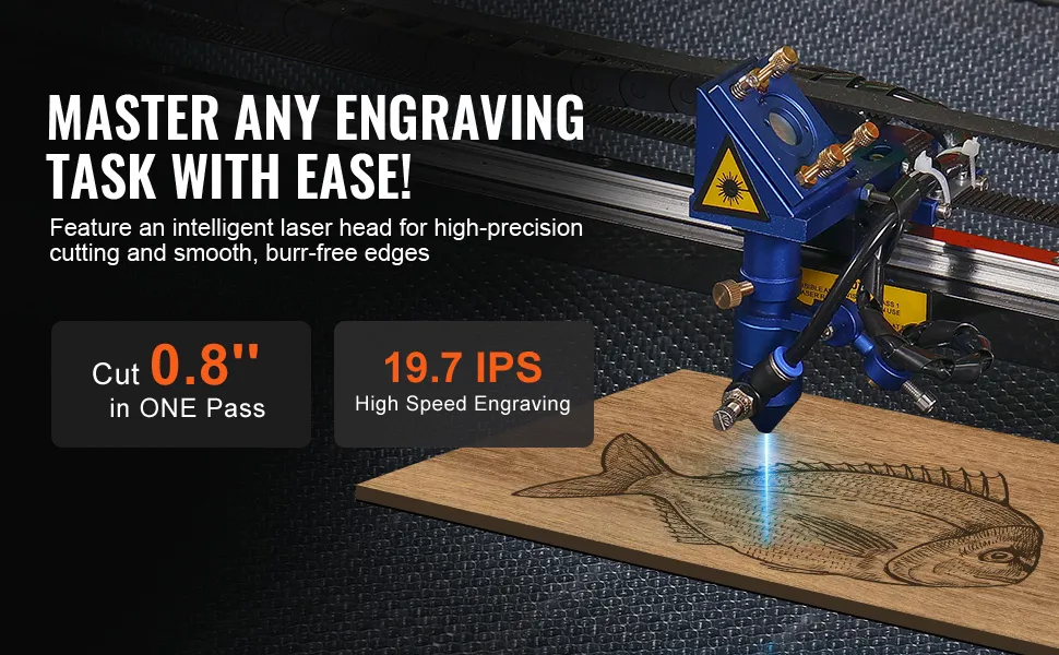 VEVOR 130w co2 laser engraver cutting a wooden fish design with 0.8" cut depth and 19.7 ips speed.