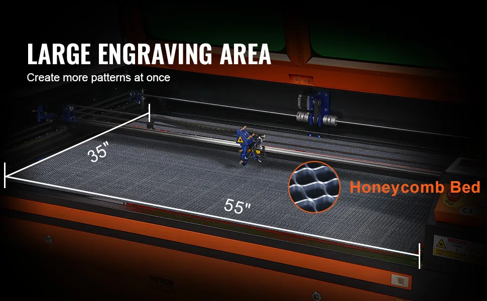 large engraving area of VEVOR 130w co2 laser engraver with honeycomb bed, 35" x 55" dimensions.