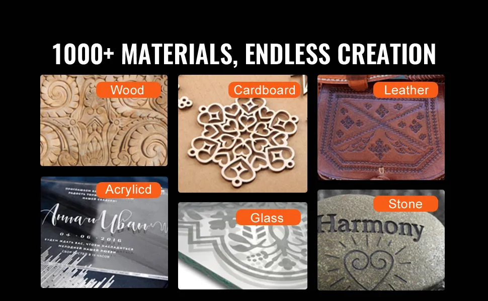 VEVOR 130w co2 laser engraver crafting wood, acrylic, leather, cardboard, glass, and stone materials.